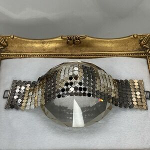 Vtg Wide Metal Mesh Bracelet Tri Color Statement Disco Sparklecore Retro Glam